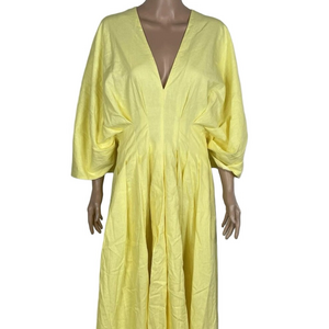 NEW FOREVER AMELIA Ruth Pleated Midi Dress Yellow Size US 20 / UK 24 | Linen